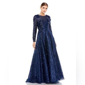 Mac Duggal Women’s Embellished Illusion Long‎ Sleeve A-Line Gown Navy Sz 4- NWT